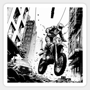 Dirt bike jump in city ruin - black and white Sticker